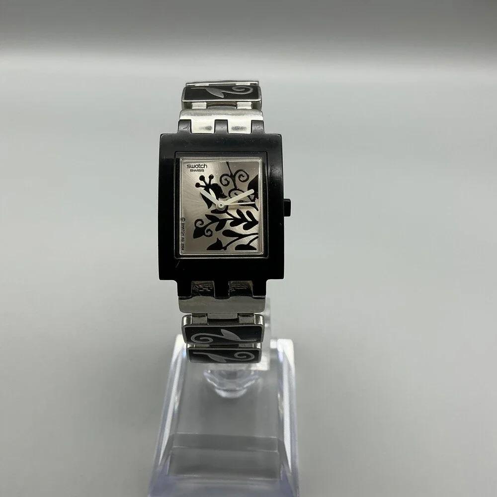 Vintage Swatch Womens Watch 24mm Silver Tone Black Floral Swiss New Battery 7